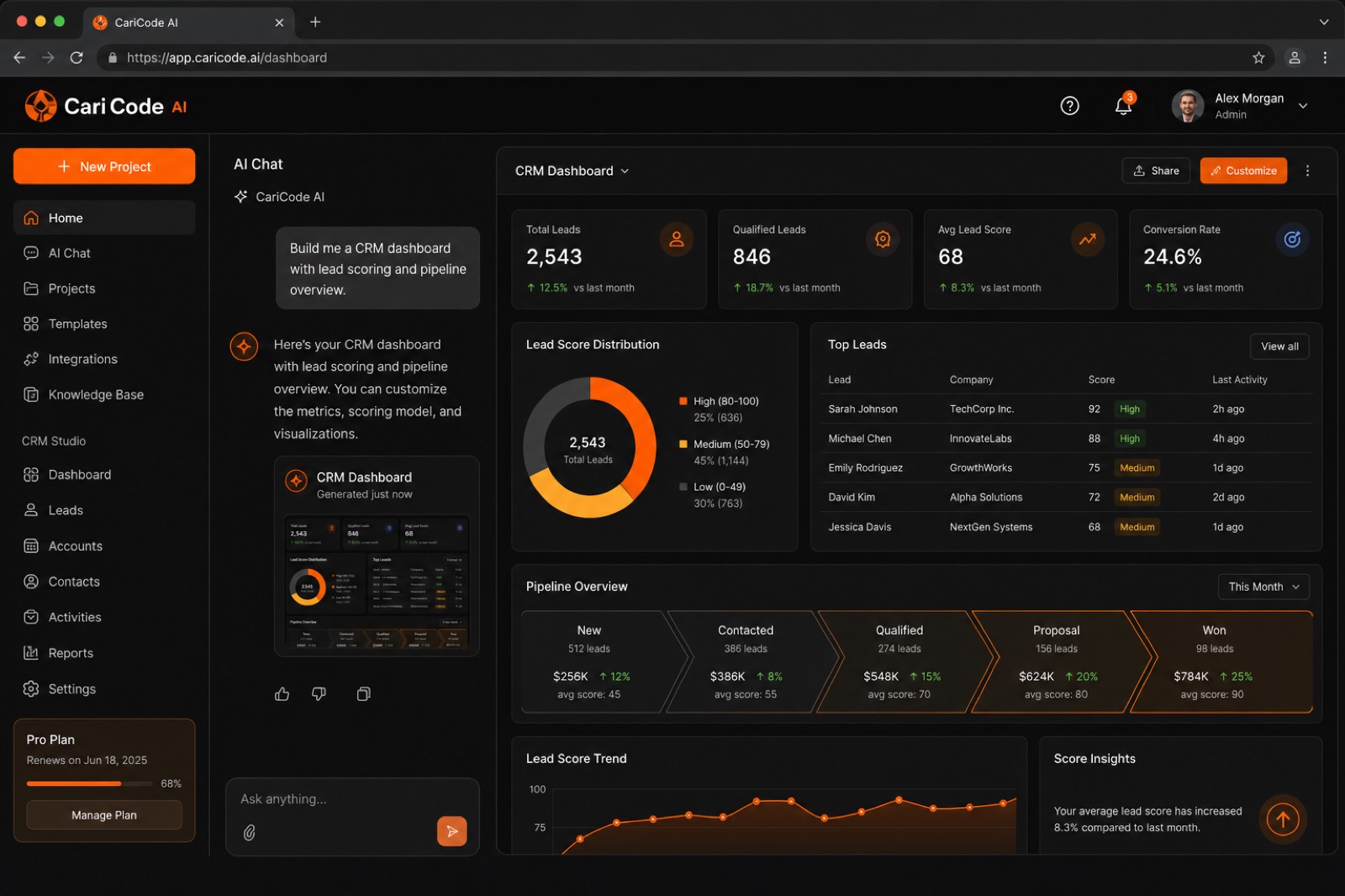 Modern web application interface showcasing CariCode AI capabilities